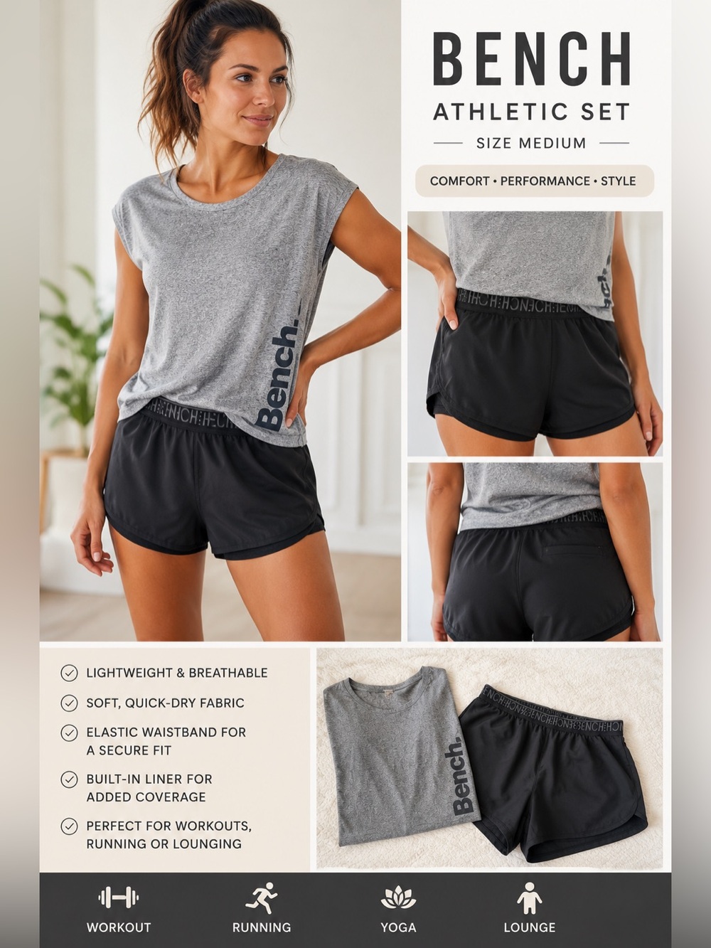 Bench Gray & Black Women's Athletic Tee and Shorts Set